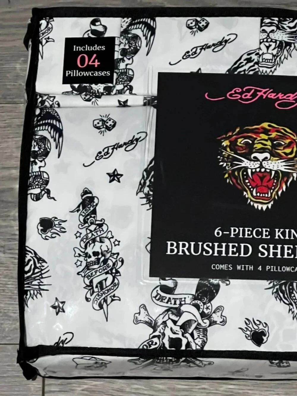 ED HARDY KING White Black Sheet Set 6pc New Tattoo Skull Dagger Tiger Y2K Grunge
